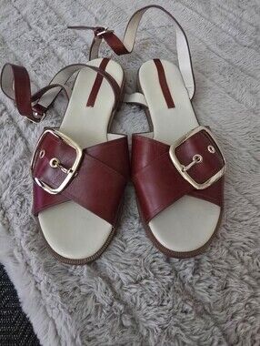 Women's Red Leather Buckle Slide Sandals Sz.38